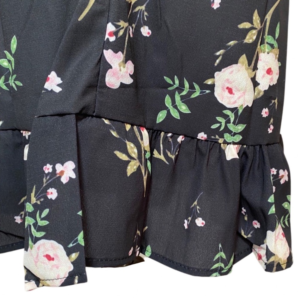 Boho Black Floral Short Sleeve Chiffon Mini Dress - Picture 14 of 16